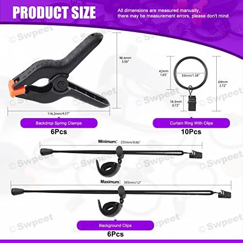 Swpeet 22Pcs Photography Backdrop Clips Clamps Assorments Kit, 10Pcs Curtain Rings with Clips, 6Pcs Backdrop Spring Clamps and 6Pcs Leather Background Clips Holder - size: NO.1 Backdrop Clips Clamps
