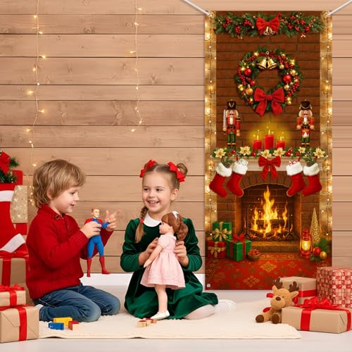 Buryeah Christmas Door Cover Decoration Christmas Fireplace Door Cover Xmas Nutcracker Banner Backdrop Photo Booth Prop Background for Winter Xmas Holiday New Year Party 6.5 x 3 Feet(Warm) - style: Warm