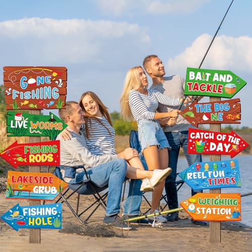 Hooqict 20 Pieces Gone Fishing Sign Fishing Birthday Party Decorations Welcome Direction Signs for Kids Summer Birthday Party Supplies Retirement Decorations Baby Shower Fish Cutouts - style: Gone Fishing