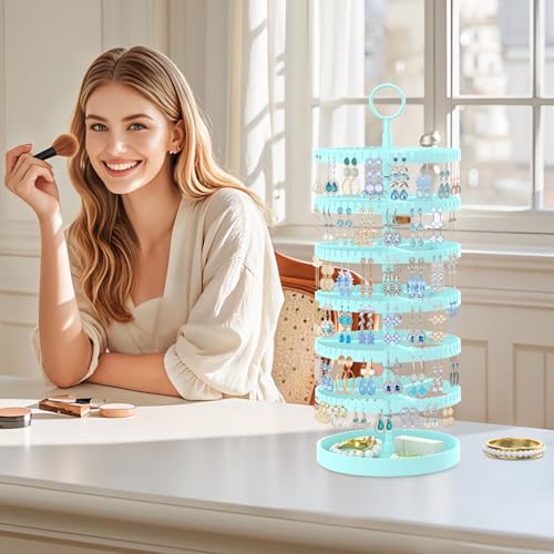 iDavosic.ly 6 Tier Rotating Earring Holder Organizer with Metal Tray, Adjustable Plastic Dangle Display Stands Tree with 342 Grooves, Large Hoop Storage Rack Tower, Blue - color: Aqua Blue, size: 6 Tiers