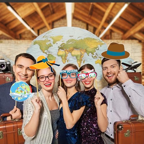 37pcs Travel Theme Party Photo Booth Props Adventure Awaits Party Decorations Let The Adventure Begin Bon Voyage Map Theme Photo Props for Farewell Retirement Around The World Party Supplies