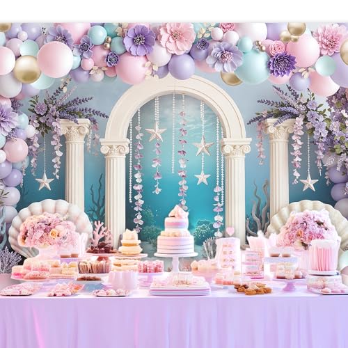 Ocean Backdrop 7Wx5H Feet Fabric Polyester Underwater Sea Wonderland Marine Arch Seashell Starfish Coral Flower Balloon Girl Princess Photography Background Banner Photo Shoot Decor Prop - color: D 03ocean, size: 7Wx5H