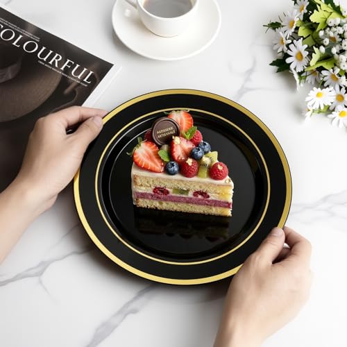 BESTVIP 100PCS Black Plastic Plates, 10.25 Inch Disposable Dinner Plate Party with Gold Rim for Christmas, Thanksgiving, Heavy Duty Disposable Plastic Plates for Party, Wedding and Birthday, Events - color: Black/Gold, size: 100PC