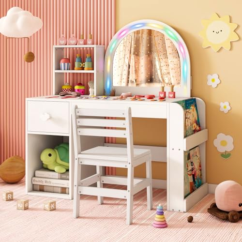 Costzon Kids Vanity, Girls Vanity Set with Lighted Mirror, Bookshelf, Drawer, Storage Cabinet & Shelves, Toddler Makeup Vanity Desk Dressing Table, Wooden Kids Vanity Table and Chair Set (White) - style: White with Bookshelf