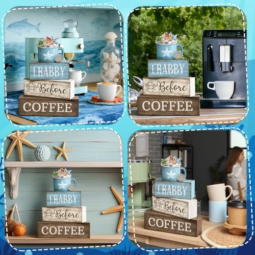 Lineshading 4 Pcs Summer Table Decorations Wooden Beach Coffee Decor Summer Tiered Tray Decor Farmhouse Crabby Before Coffee Crab Block Signs Gifts for Beach Nautical Party Home Office Decorations - style: Beach Coffee