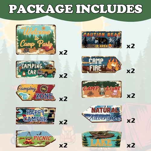 Hooqict 20 Pieces Camping Party Decorations Camping Themed Party Directional Signs for Summer Camp Day Classroom Welcome to Camp Birthday Decor Picnic Yard Sign - style: Camp