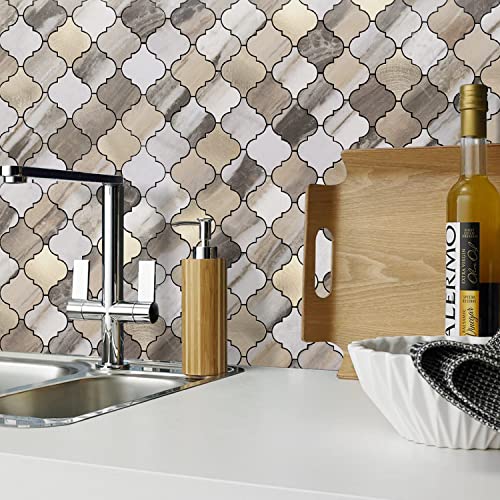 STICKGOO Arabesque Peel and Stick Backsplash Tile, Stick on Backsplash for Kitchen and Bathroom, Gold Wood Grain Marble Look PVC Mixed Metal Aluminum Mosaic Tiles(10 Sheets) - color: Gold Wood Grain Marble