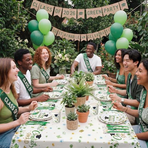 Ceenna 452 Pcs 2026 Sage Green Floral Graduation Party Decoration for 50, Wildflower Congrats Grad Paper Plates Napkins Cups Tablecloth Cutlery Straw Grad Tableware set for Class of 2026 Party Supply - color: Green