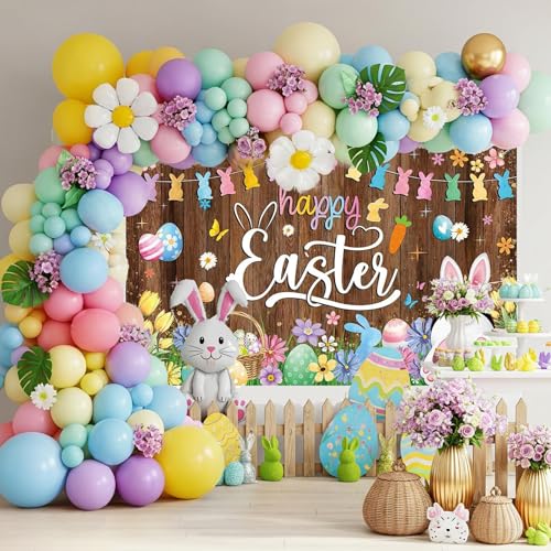 Mocsicka Happy Easter Backdrop Banner Spring Rustic Wooden Wall Easter Photo Backdrop Colorful Bunny Rabbit Easter Egg Hunt Party Decorations Photo Booth Props Party Supplies (7x5ft (82x60 inch)) - size: 7x5ft (82x60 inch)