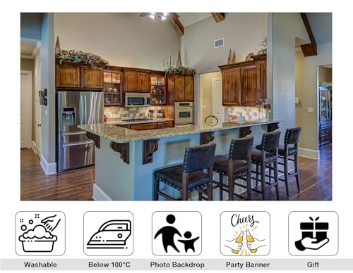 10x7ft Rustic American Kitchen Backdrop Wooden Cabinets Granite Island Leather Bar Stools Photography Background for Culinary Lifestyle Interior Decorations Tapestry Photo Booth Props - size: 10x7ft