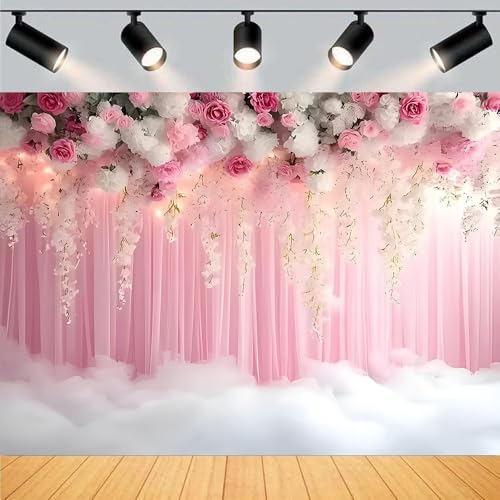 Romantic Pink and White Roses Wisteria Bridal Shower Photo Studio Backdrop Pink Wall Girls Woman Birthday Party Tea Party Baby Shower Anniversary Photography Background(D, 5 * 3feet) - color: D, size: 5*3feet