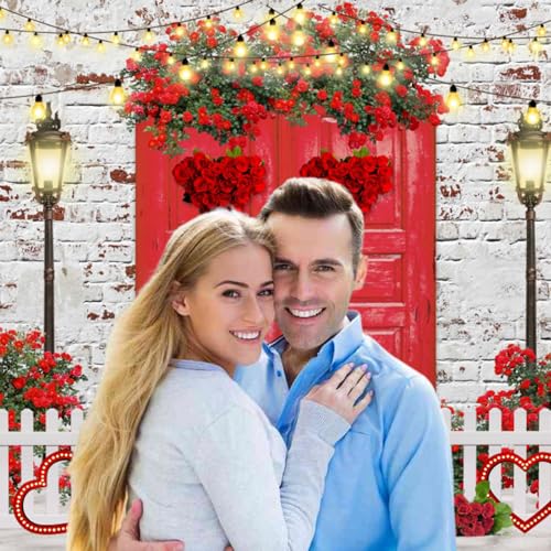 Valentines Backdrop 10x8ft Red Rose Love Heart White Brick Wall Red Door Photography Background Happy Valentine's Day Wedding Bridal Shower Anniversary Party Photo Booth Props