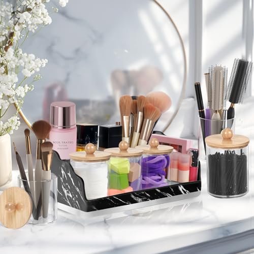 TuCao Marble Bathroom Countertop Organizer, Toothbrush Holders for Bathroom with 3PCS Qtip Holder Dispenser and Toothpaste Holder Drainage for Bathroom Accessories Organization Counter Vanity Storage - color: Marble Black, size: 3 Cups