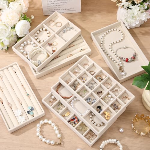 Highergo 8 Pcs Velvet Jewelry Trays Stackable Drawers Organizer Ring Earring Bracelet Necklace Storage Trays, 8.3x4.7x1''(Mixed Style) - style: Mixed Style