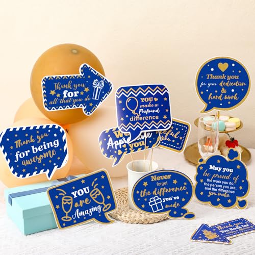 24 Pcs Teacher Staff Volunteer We Appreciate You Decorations Photo Booth Props Appreciation Decor Blue and Gold Thank You Sign Photo Props for Teacher Nurse Employee Coworker Appreciation - color: Blue
