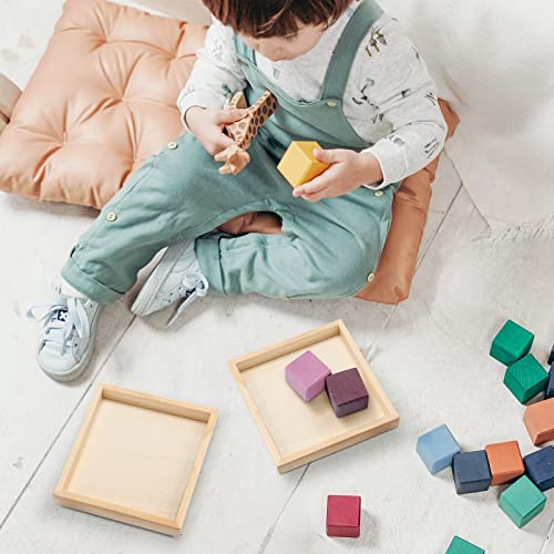 6pcs Unfinished Art Wood Tray Craft Painting Wood Panel Boards Square Montessori Tray Wooden Canvas Boards with Frame for Home Decor and Craft Projects - Painting Puzzle Blocks for Kids, 4.7"
