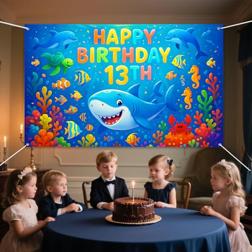IVN Happy 13th Birthday Backdrop Banner 71x43 Inch Ocean Theme Under the Sea Thirteenth Birthday Party Decorations Photography Background Photo Booth Props for Boys Girls - color: Happy Birthday 13th