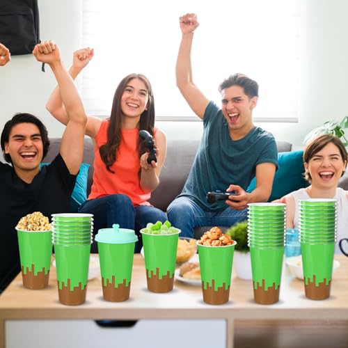 48 Pack Pixel Party Favors Goodie Cups Video Game Birthday Party Cups 16 oz Reusable Pixel Game Themed Plastic Cup with Lid Plugs for Gamer Pixelated Birthday Shower Decorations