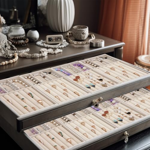 Highergo 8 Pcs Velvet Jewelry Trays Stackable Drawers Organizer Ring Earring Bracelet Necklace Storage Trays, 8.3x4.7x1''(3 Grids,7 Slots) - style: 3 Grids,7 Slots