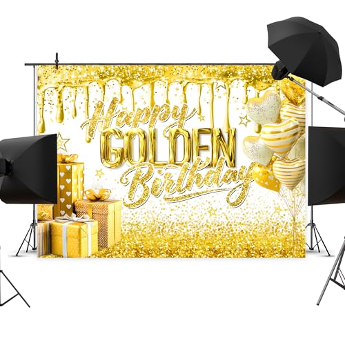 Newsely Golden Happy Birthday Backdrop 7Wx5H Photography Gold Shiny Glitter Stripes Balloons Golden Gift Shining Background Fashion Elegant Bday Party Decorations Banner Photo Booth Props Supplies - color: H-Gold, size: 7Wx5H