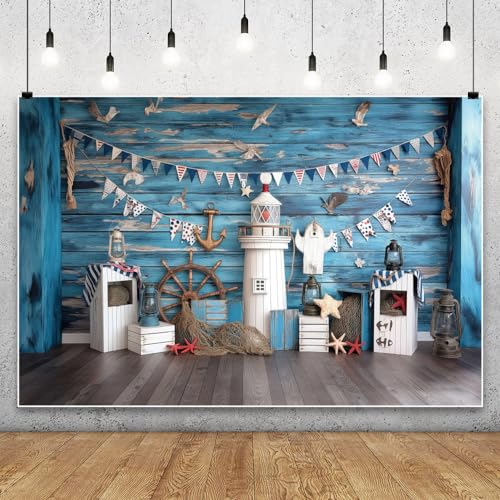 YongFoto Nautical Adventure Theme Backdrop 5x3ft Blue Deck Lighthouses Boat Rudder Fishing Net Seagull Photography Background Baby Shower Boy Birthday Party Banner Portraits Photoshoot Wallpaper - color: Style 1, size: 5ftx3ft