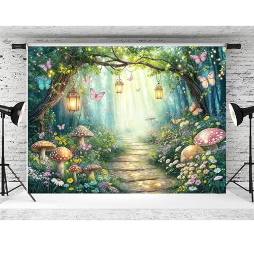 5 x 3 ft Spring Enchanted Forest Backdrop for Photograph, Fairy Tale Wonderland Background Flower Butterfly Mushroom Woodland Girl Birthday Baby Shower Tea Party Decorations Photo Booth Studio Props - color: Green06, size: 5x3ft