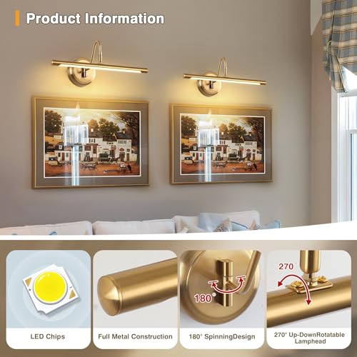 JOOSENLUX Dimmable Picture Lights - Modern 7W LED Wall Sconces for Paintings, 16.54" Long, 3000K Warm Light, Brass Golden Finish - Indoor Hallway Lighting Fixtures with Hard-Wired Connection - color: Hard-Wired Brass, size: Dimmable 16.5 inch