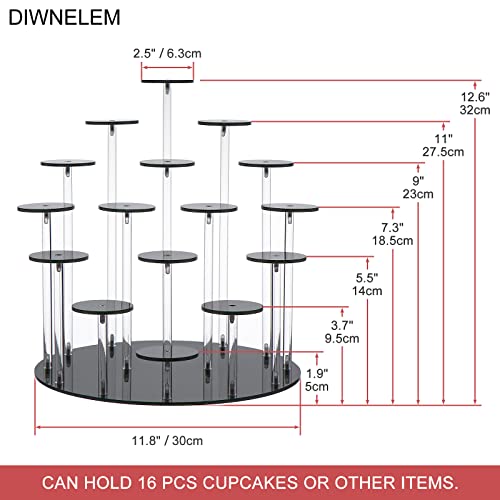 16 Tier Acrylic Cupcake Stand Display Riser Holder for Cupcakes, Collectibles, Figures, Comestics, Perfumes, Jewelry - Black Acrylic Display Stand Organizer - color: Black, size: 16 Tier with Yellow Light