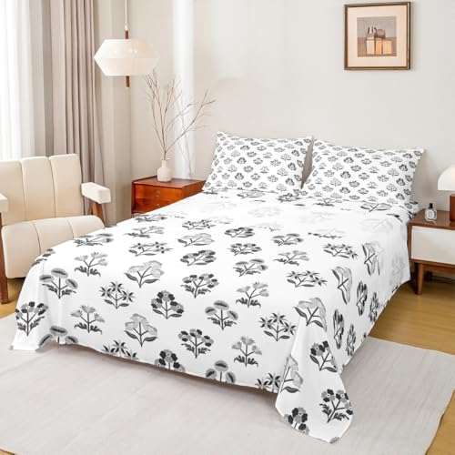 Castle Fairy Vintage Floral Fitted Sheet Set Queen Size 4 Pcs,Rustic Flowers Bed Sheet Sets for Adults Youth Bedroom Decor,Aesthetic Flower Country Decor Bedding Set with 1 Flat Sheet 2 Pillowcases - color: Beige Black, size: QUEEN (W60*L80*H16")