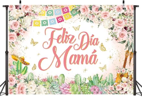 Feliz Dia Mama Banner Backdrop 8x6FT Mexican Happy Mother's Day Photography Background Pink Flowers Cactus Best Mom Ever Party Decorations Supplies Photo Props - size: 8x6FT