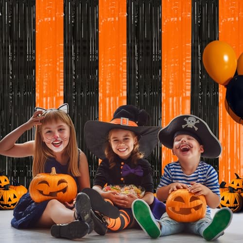 PIGETALE 2 Pack Black and Orange Tinsel Foil Fringe Curtain, 3.2Ftx8.2Ft Halloween Backdrop Curtains Photo Booth Props Streamers Christmas Birthday Party Anniversary Wedding Retirement Decorations - color: Orange and Black