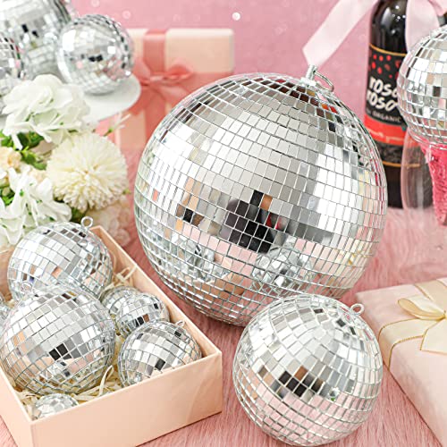 Haull 8 Pcs Large Disco Ball Set Silver Mirror Disco Reflective Ball with Hanging Ring Party Ornament Decoration for Stage Club Ballroom Dance Hall Wedding Prom Props(12'', 8'', 6'', 4'') - size: 12'', 8'', 6'', 4''