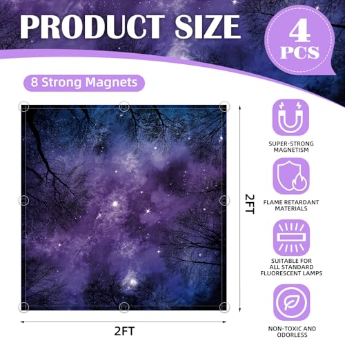 ANGSYLTH 2 x 2 Feet Fluorescent Light Covers - 4 Pcs Covers for Ceiling Lights, Magnetic Light Filters for Classroom, Office, Hospitals, Home (Purple Forests & Starry Sky) - color: Purple Forests & Starry Sky
