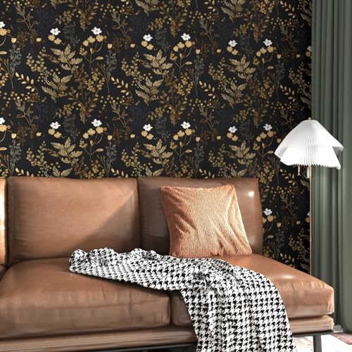 Black Floral Wallpaper Peel and Stick Wallpaper Leaf Wallpapers Gold Leaf Contact Paper for Cabinets Waterproof Self Adhesive Wall Paper for Kitchen Countertop Wall 17.5" x 78" - color: Black, size: 17.5" x 78"