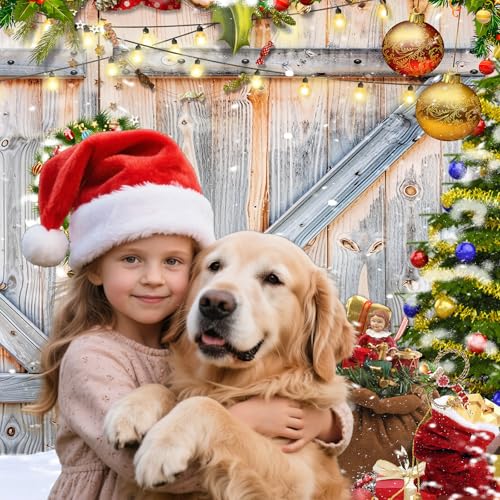 Christmas Photo Backdrop for Photography, Rustic Barn Wood Door Backdrops for Photoshoot, Xmas Tree Snow Red Gift Christmas Party Decorations 7x5ft - color: Red, size: 7x5 FT