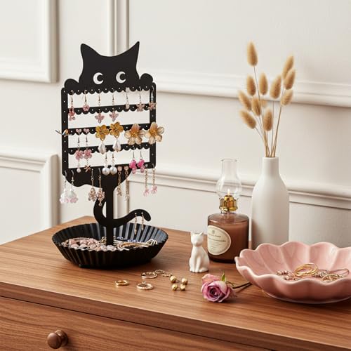 Cat Earring Holder Organizer Stand, Black Metal Jewelry Display Rack with Multiple Holes Hooks for Studs, Hoops, Necklaces, Bracelets, Rings, Cute Cat-Shaped Vanity Earring Tree for Girls