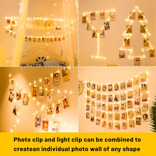 HXWEIYE 50LEDs Photo String Light, Warm White 16.4Ft Battery Powered Fairy Light with 52 Clear Clips & 10 Hooks on Wall for Hanging Picture Dorm Bedroom Party - color: Warm White, size: Battery Powered-50LEDs