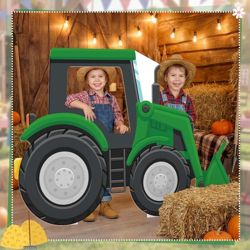 Capoda Farm Tractor Stand Up Photo Props for Farm Birthday Party Decorations Cardboard Cutout - 59 x 39 Inch Red Green Loader Tractor Standee Foam Board with Face Hole for Indoor Outdoor Display - style: Green Tractor