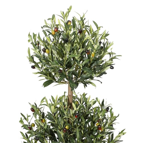 5 ft Artificial Olive Tree, Triple Ball Topiary Faux Plant with Moss & Pot, Outdoor Indoor Realistic Fake Shrubs Trees, Round Bushes Fake Shrubs Potted for Home Offices Porch Decor, Set of 2