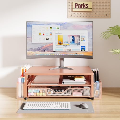 OPNICE Desk Organizers and Accessories, 2-Tier Computer Monitor Stand with Drawer and 2 Pen Holders, Laptop Stand, Office Desk Accessories for Office Supplies, Rose Gold - color: Rose Gold 1-Pack
