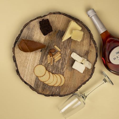 GoCraft Wooden Round Cutting Board with Tree Bark Rim | 1.5" Thick Mango Wood Live Edge Chopping, Prep, Serve Board | Charcuterie Platter - 12.75"