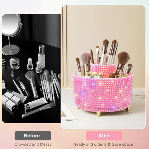 Diesisa Bling Diamond 360° Makeup Brush Holder Organizer, Rotating Makeup Brush Organizer,5 Slot Make up Brushes Cup for Cosmetics, Vanity Desktop Organizer, Gift for Women Teen Girls- Diamond Pink - color: Diamond Pink