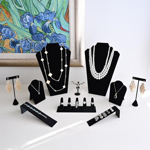 MOOCA 10 Pcs Jewelry Display Set, Easel Necklace Display, Bracelet Holder Stand, Earring Organizer, Ring Holder Stand for Showcase and Store, Premium Black Velvet - color: Style 3, Black Velvet, 10 Pieces