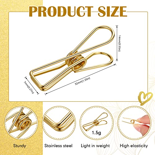100 Pcs Paper Clips Metal Wire Hollow Out Clothespins Multi Purpose Utility Binder Clips Invoice Bill Stainless Steel Hanging Clothes Pins for School Kitchen Outdoor Office(Small,Gold) - color: Gold, size: Single Size (Small)