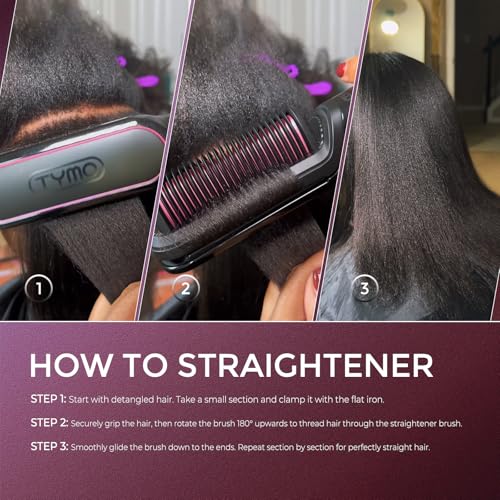 TYMO Flat Iron Hair Straightener Brush 2 in 1, 200M Ions Hair Straighteners for Women, Ceramic Straightening Hot Comb for Anti-Frizz Straights, Waves, Curl, 3X Less Heat Damage, Dual Voltage, Black
