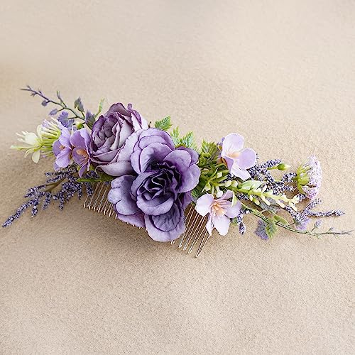 Purple Flower Hair Comb - Handmade Wedding Floral Combs Bridal Comb for Hair for Bride Bridesmaid Women Girls Prom Bridal Shower Maternity Shoot - color: Light Purple