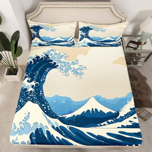 Great Wave Bed Sheets Japanese Ocean Wave Sheet Set, Mount Fuji Bed Sheet with Art Nature Home Decoration for Living Room Bedroom Dorm Decor Bedding Sheets & Pillowcases Japanese Style Top Sheet,Queen - color: Multi 03, size: Queen