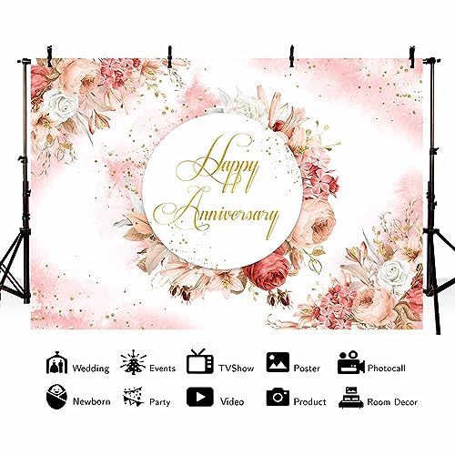 MEHOFOND 7x5ft Boho Floral Anniversary Backdrop Pastel Pink Wedding Anniversary Photography Background Watercolor Pink Bohemian Gold Glitter Dots Couple Wedding Party Decor Cake Smash Photo Props - color: Pink, size: 7x5ft