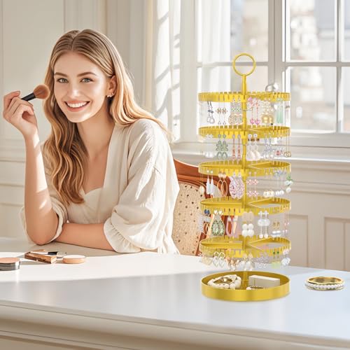 iDavosic.ly 5 Tier Rotating Earring Holder Organizer with Metal Tray, Adjustable Plastic Dangle Display Stands Tree with 285 Grooves, Large Hoop Storage Rack Tower, Gold - color: Gold, size: 5 Tiers