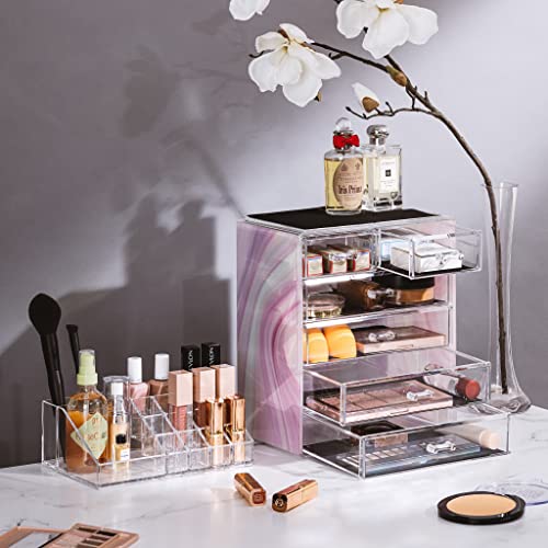 Sorbus Acrylic Makeup Organizer Set, 6-Drawer Vanity & Countertop Cosmetic Storage with Small & Wide Compartments, Tie Dye Makeup Storage for Brushes, Jewelry – Holiday Gift for Women & Teens - color: Tie Dye, size: 4 Large, 2 Small Drawers